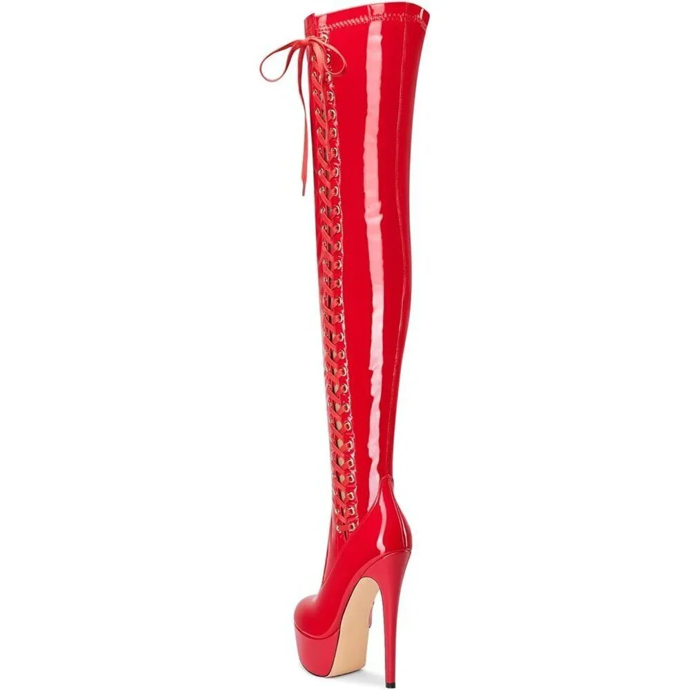 Womens Red Over The Knee Patent Leather Thigh High Zipper 5.9In High Heel Boots